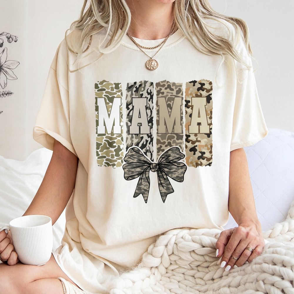 Mama Camo T-Shirt | Coquette Bow Graphic Print | Premium Soft Cotton | Stylish Mother's Day 2026 Gift for Mom