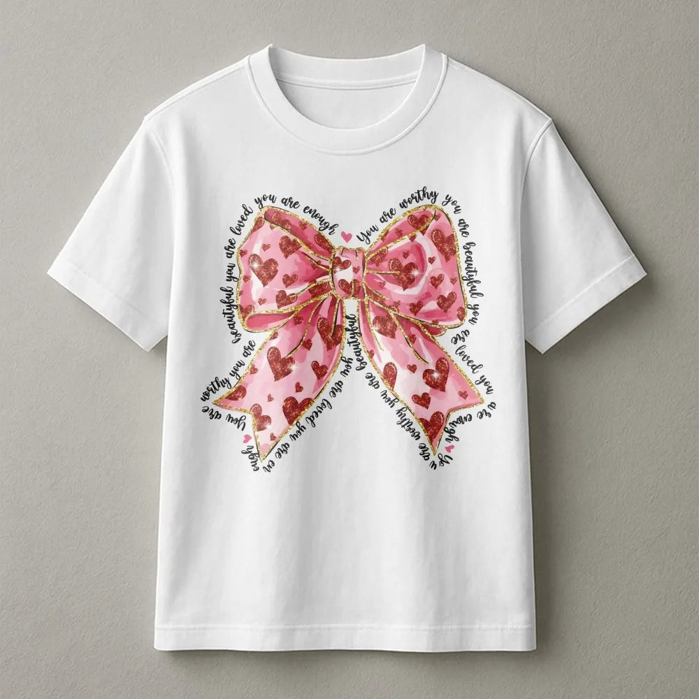 Coquette Heart Bow T-Shirt | Pink Glitter Valentine Aesthetic | Premium Soft Cotton | Self Love Gift For Her