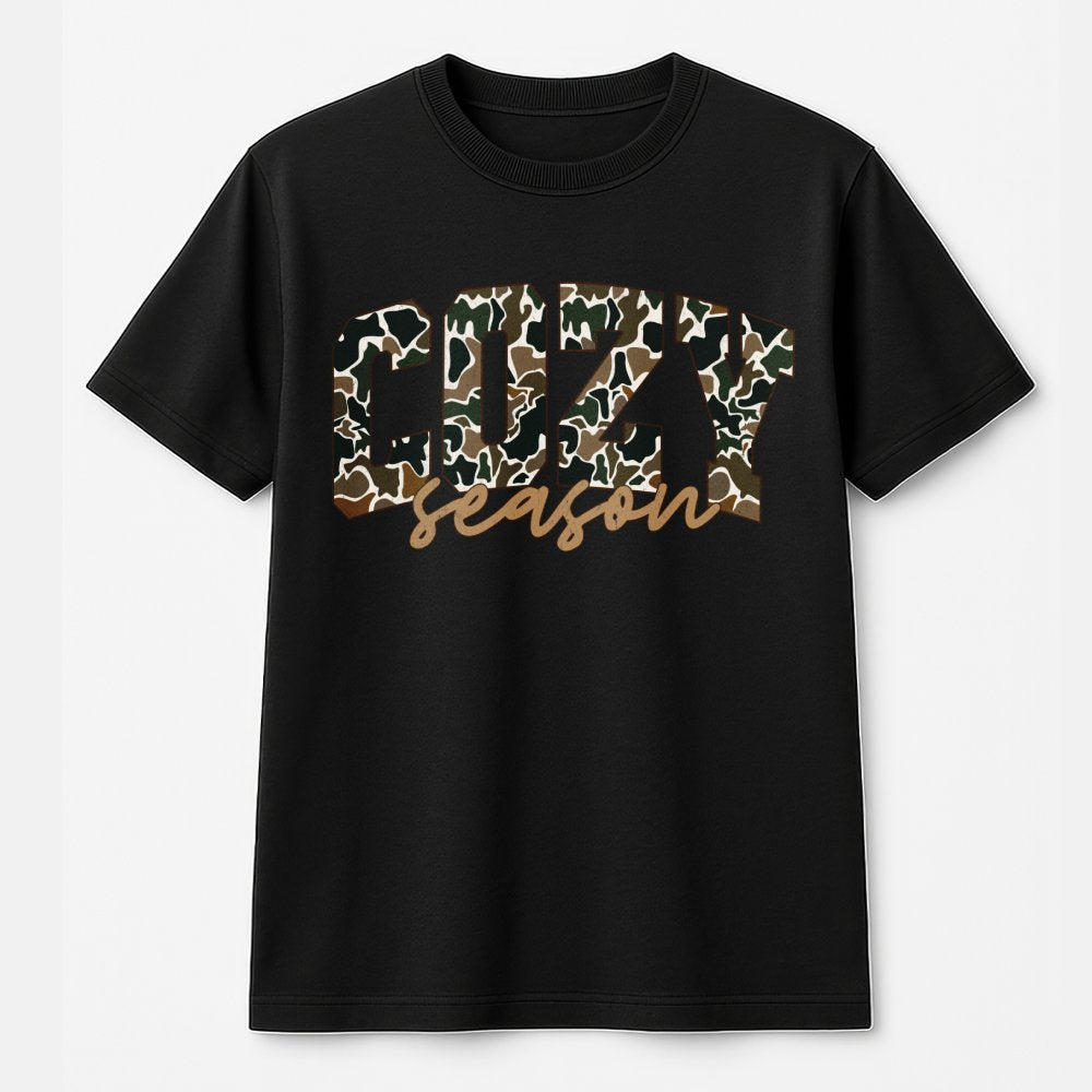 Cozy Season T-Shirt | Camo Print Graphic Aesthetic | Premium 100% Cotton | Fall and Winter Gift for Her