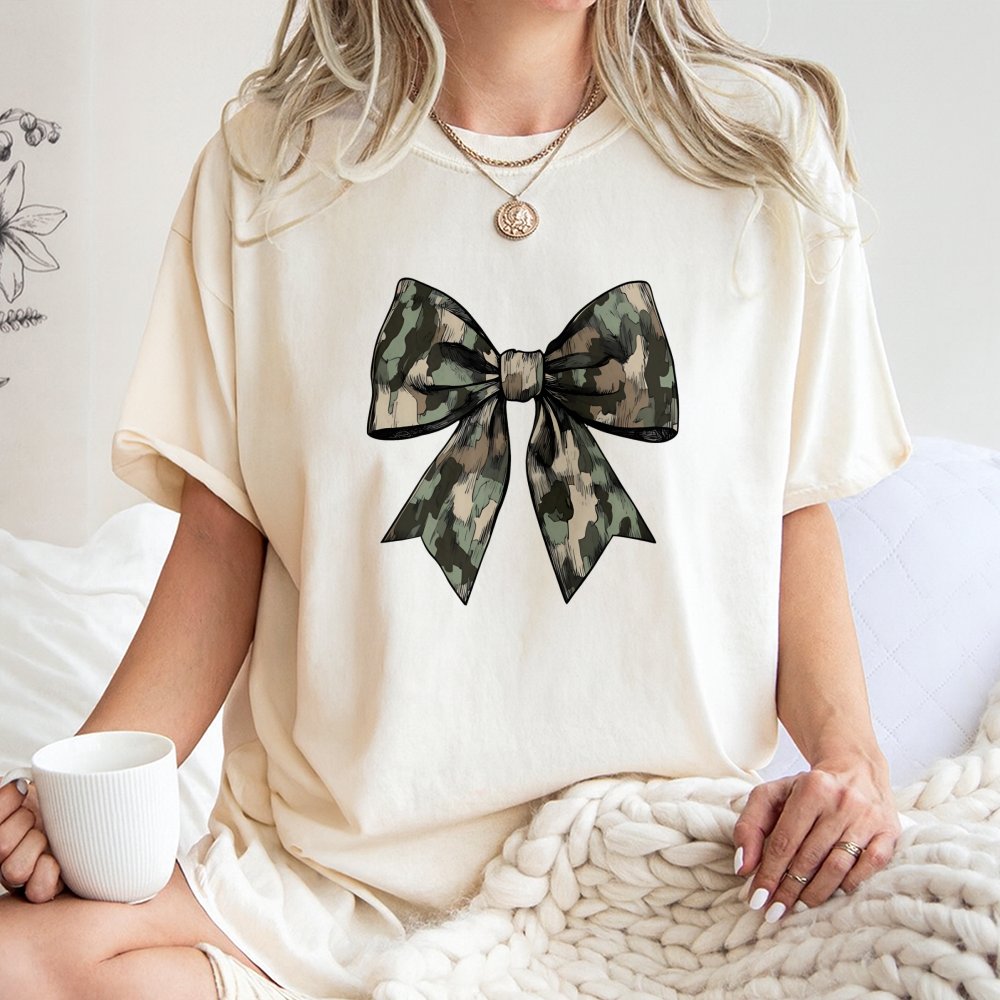 Camo Bow T-Shirt | Camouflage Ribbon Graphic Design | Premium Soft Cotton Tee | Country Style Gift for Women